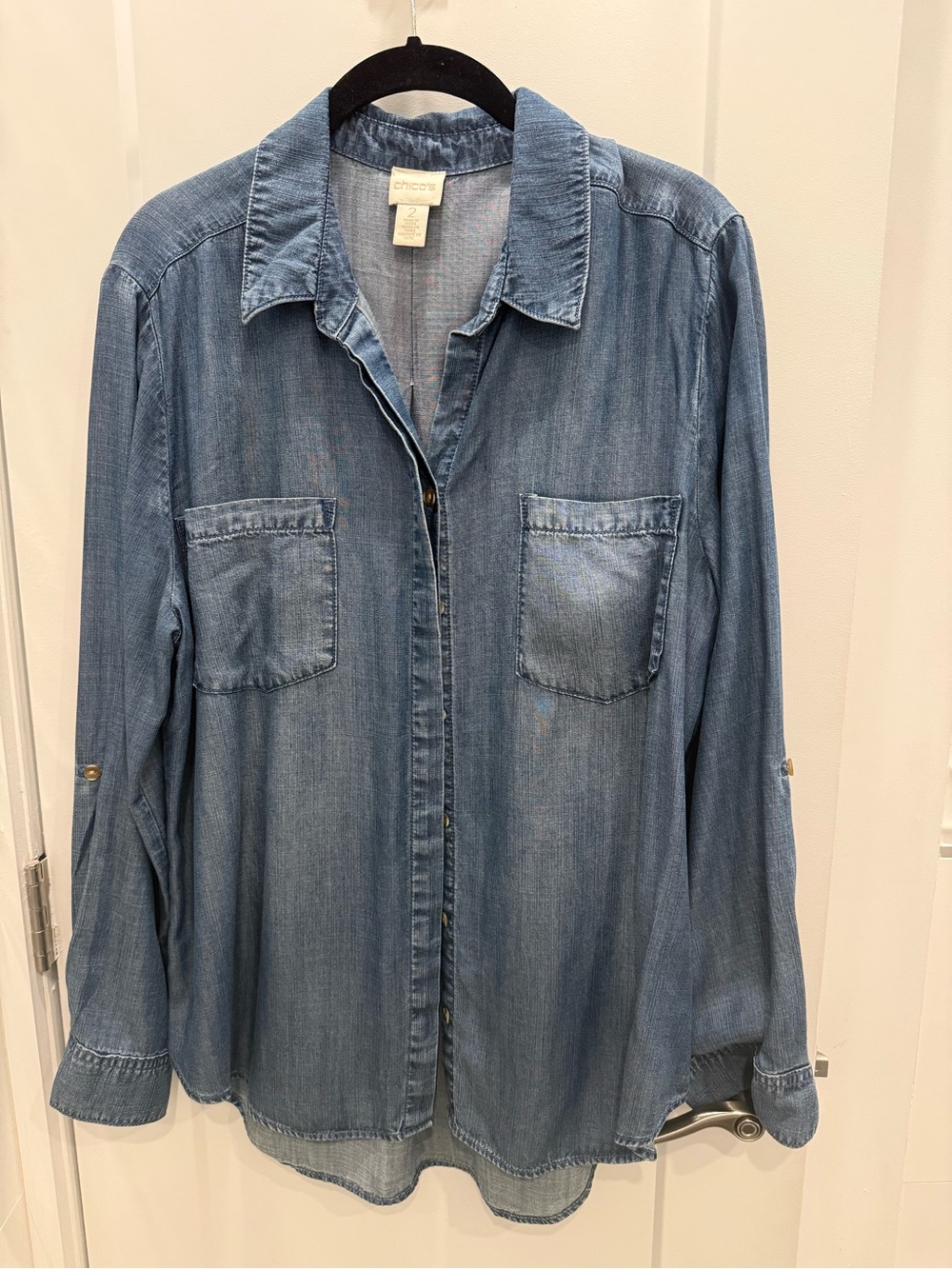 Chico's Light Blue Denim-Style Button-Up Shirt L/XL Size 2